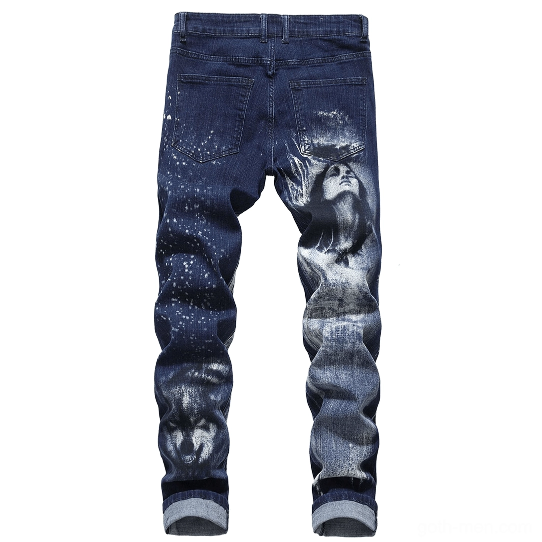 Gothic wolf woman 3D print jeans back view with matching artwork and acid wash details