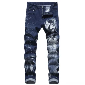 Gothic wolf and woman 3D print straight jeans front view navy blue denim