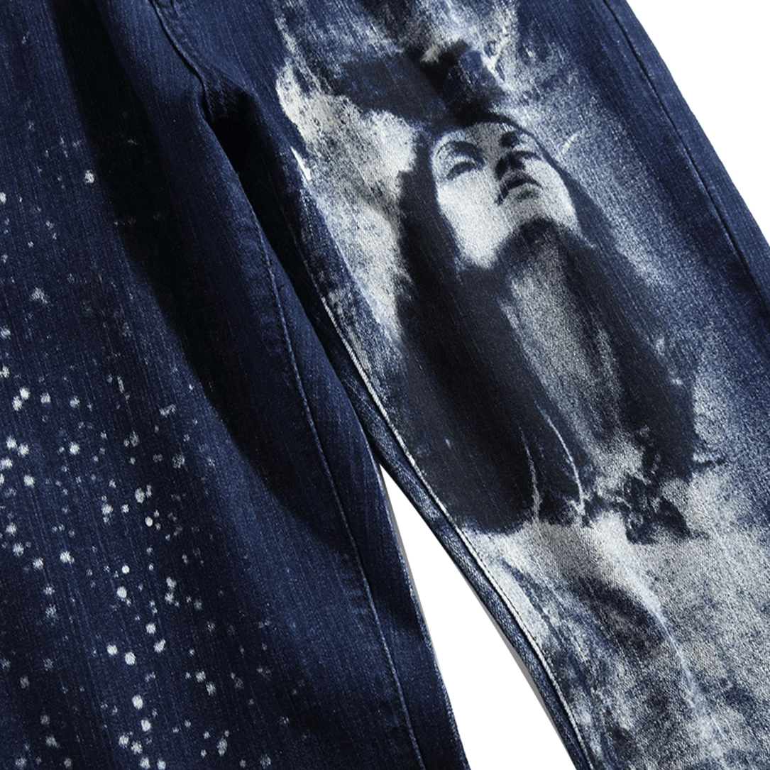 3D printed woman portrait with splatter effect on gothic navy denim close-up