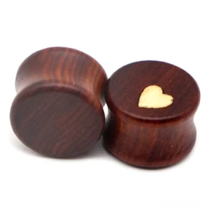 Wooden heart ear plugs and tunnels stretcher in brown wood with dual-tone heart inlay design, available in multiple sizes from 22mm to 50mm