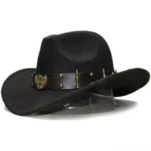 Black gothic wool fedora hat with leather eagle emblem band and metal studs, three-quarter side view on display stand