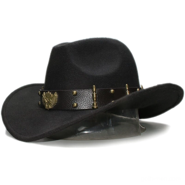 Black gothic wool fedora hat with leather eagle emblem band and metal studs, three-quarter side view on display stand