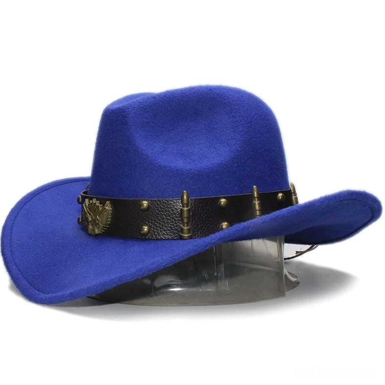 Blue wool gothic fedora hat with embossed eagle leather band detail and industrial rivets