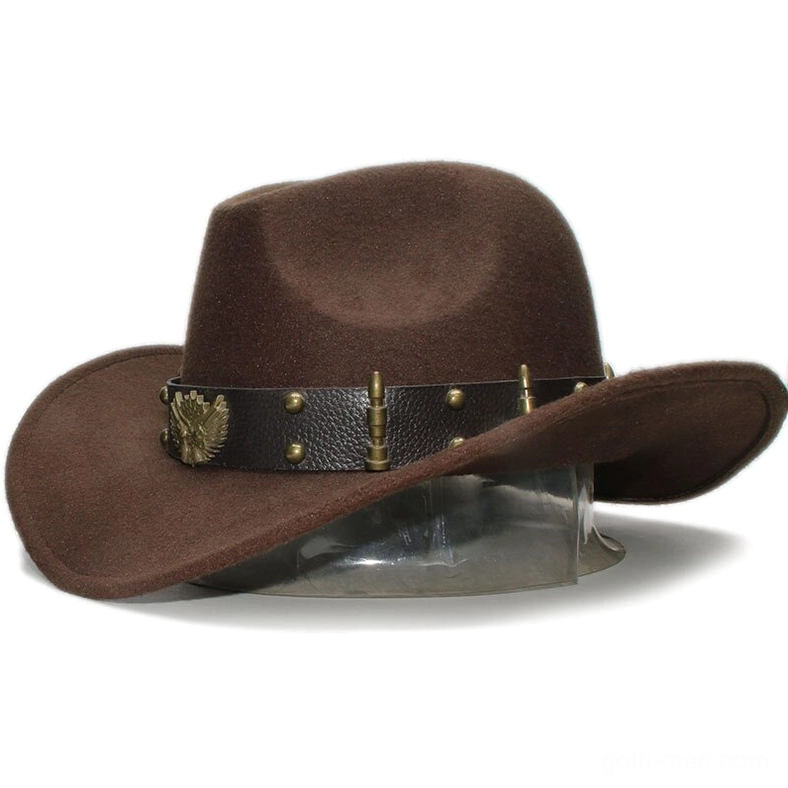 Brown wool gothic fedora hat with embossed eagle leather band and metal studs, three-quarter display view