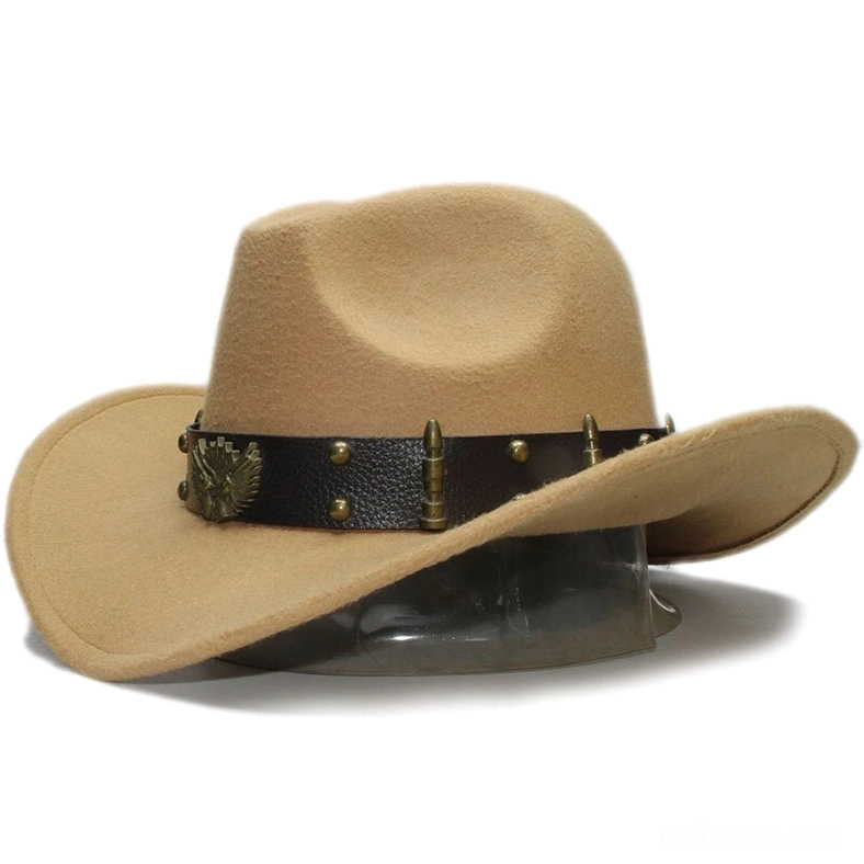 Light camel wool gothic fedora with leather eagle emblem band and bullet studs, three-quarter view