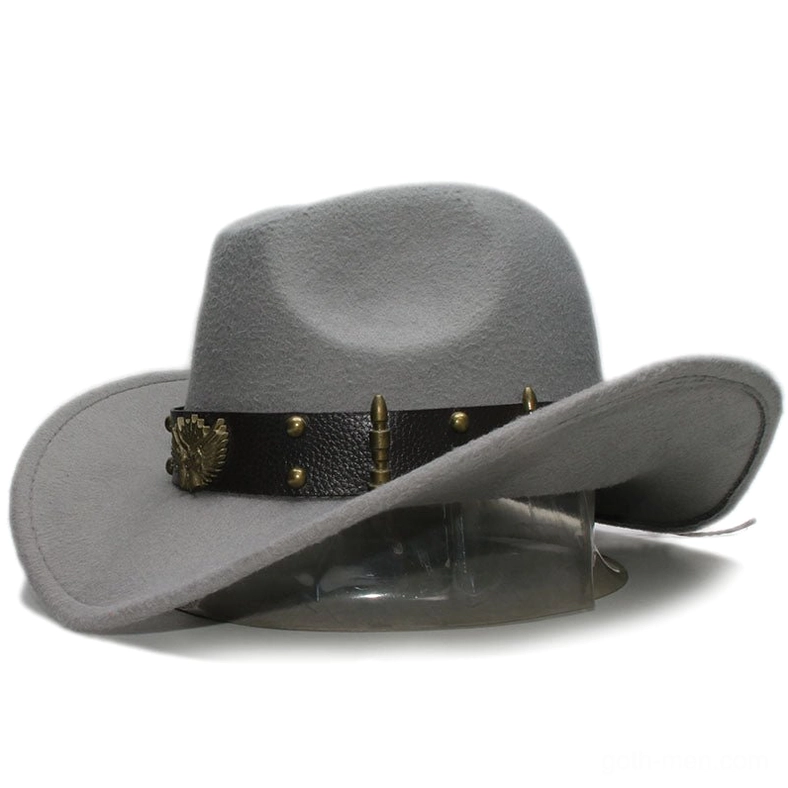 Gray wool gothic fedora hat with leather eagle emblem band and metal studs, three-quarter display angle