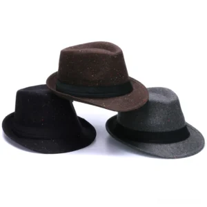 Three gothic wool fedora hats in black, brown, and grey with black ribbon bands on white background - front view