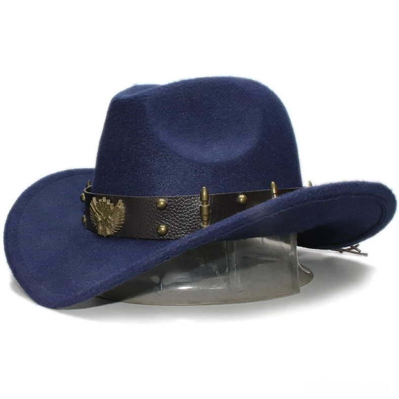 Navy blue wool gothic fedora hat with leather eagle badge and metal studs, side profile on stand