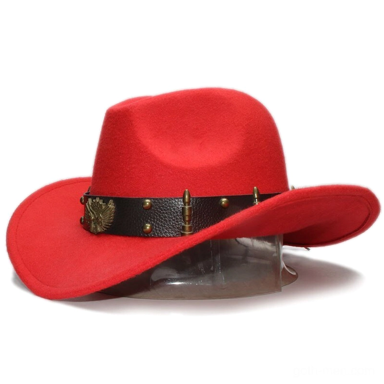 Red wool gothic fedora with leather eagle emblem band and metal studs, alternative dark fashion statement