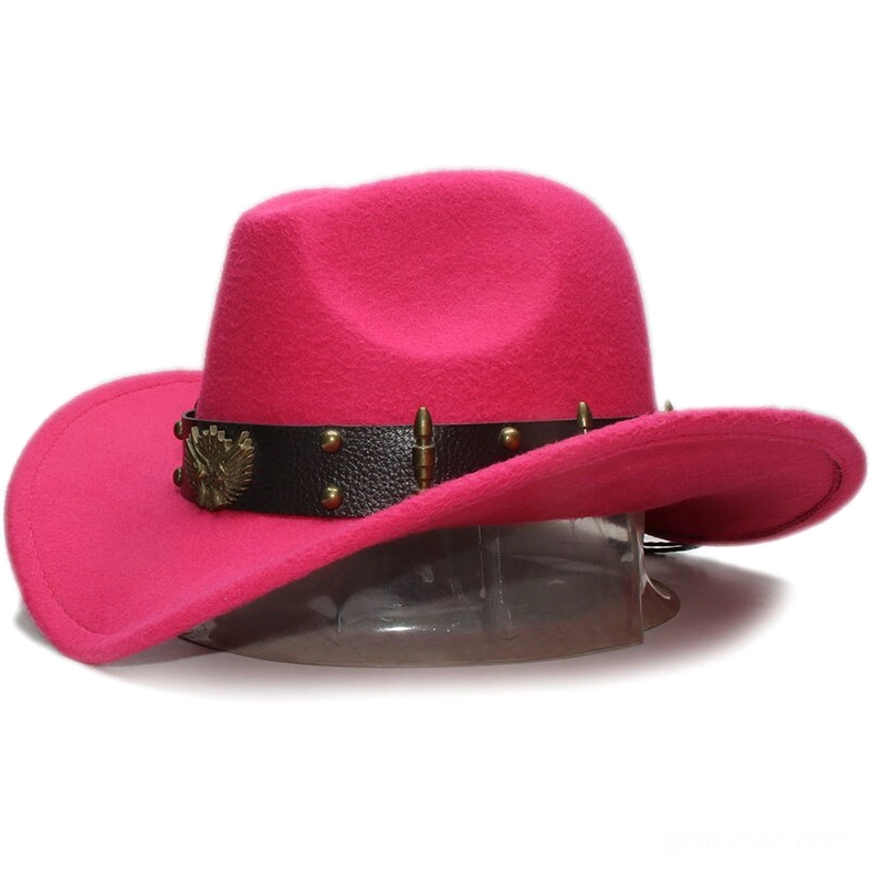 Rose colored wool gothic fedora with leather eagle badge and riveted studs, alternative style fashion