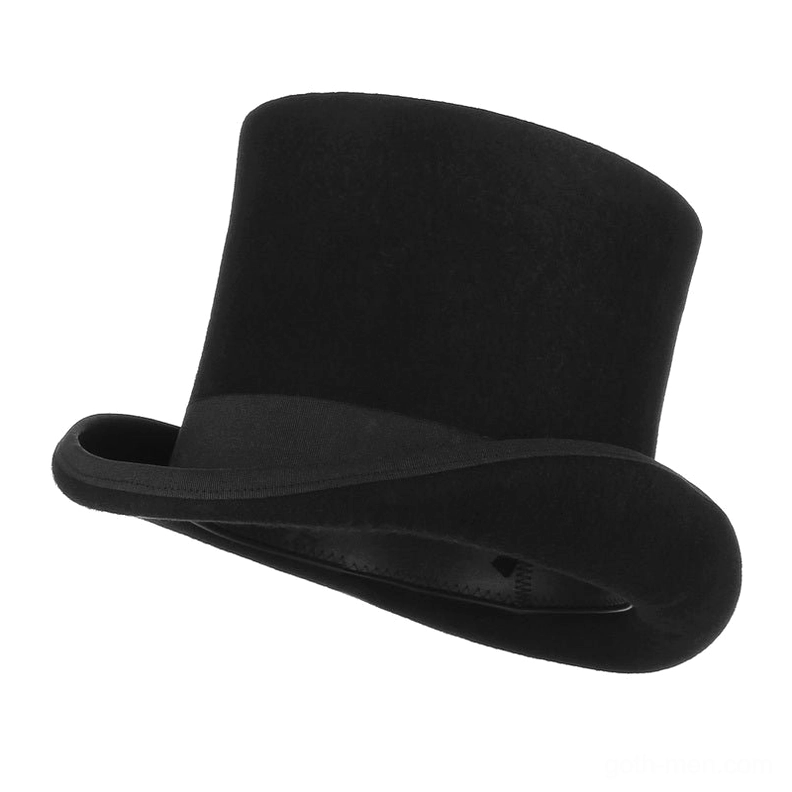 Black wool gothic top hat with curved brim and satin band, three-quarter side view showcasing classic cylindrical crown