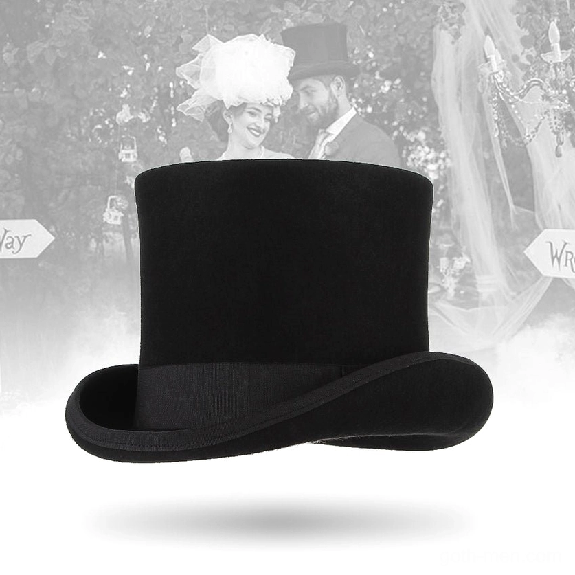Wool gothic top hat styling guide showing various wear options for festival, cosplay, and rock n roll fashion