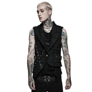 Asymmetric gothic wool vest with studded cut-out back detail front view on tattooed model, black frayed checkered fabric with stud decorations