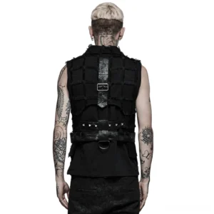 Asymmetric gothic wool vest rear view showcasing cut-out back design with leather harness straps and D-ring buckles on tattooed model