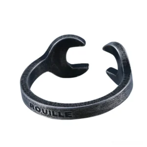 Black matte industrial wrench open cuff ring left side view gothic steampunk jewelry alternative fashion