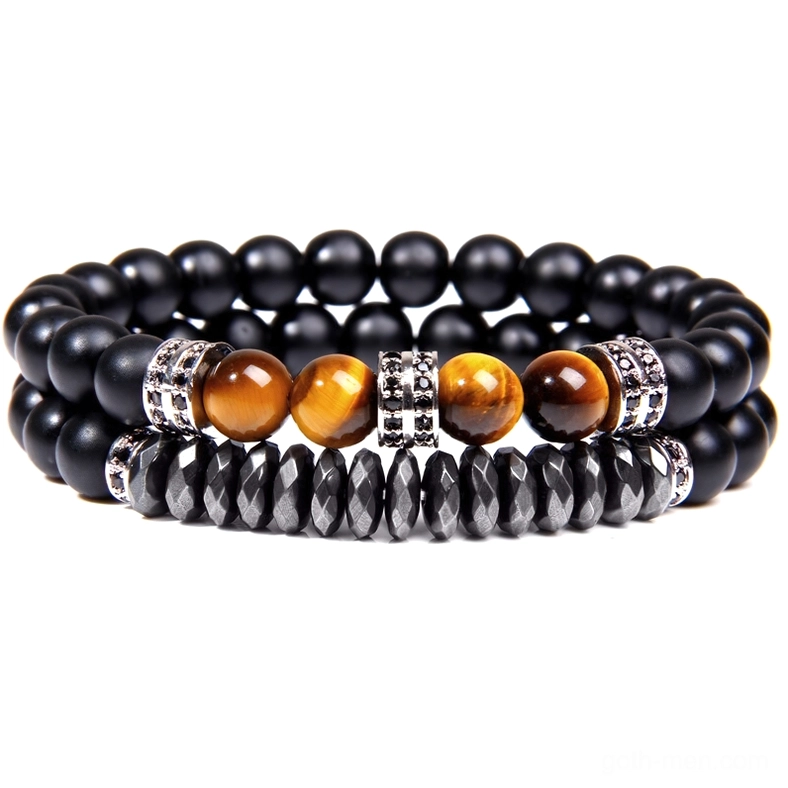 Gothic double-layer beaded bracelet with black onyx, yellow and brown tiger eye stones, silver rhinestone spacers