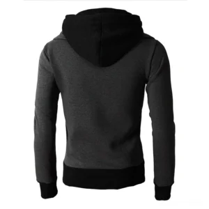 Men's patchwork zip hoodie rear back view showing black hood and hem details gothic aesthetic