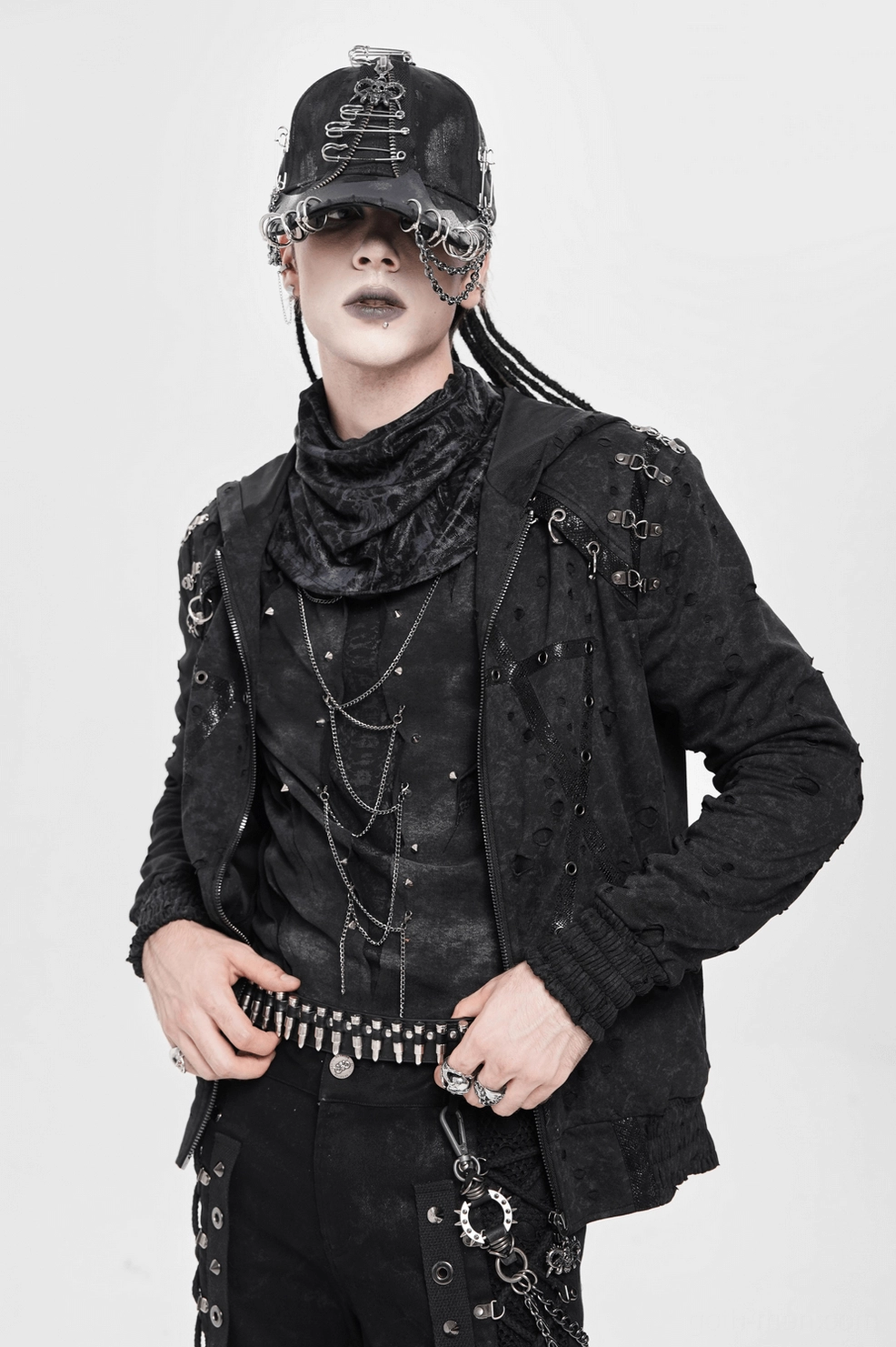 Black distressed gothic zip hoodie back detail showing spine anatomical reference and weathering