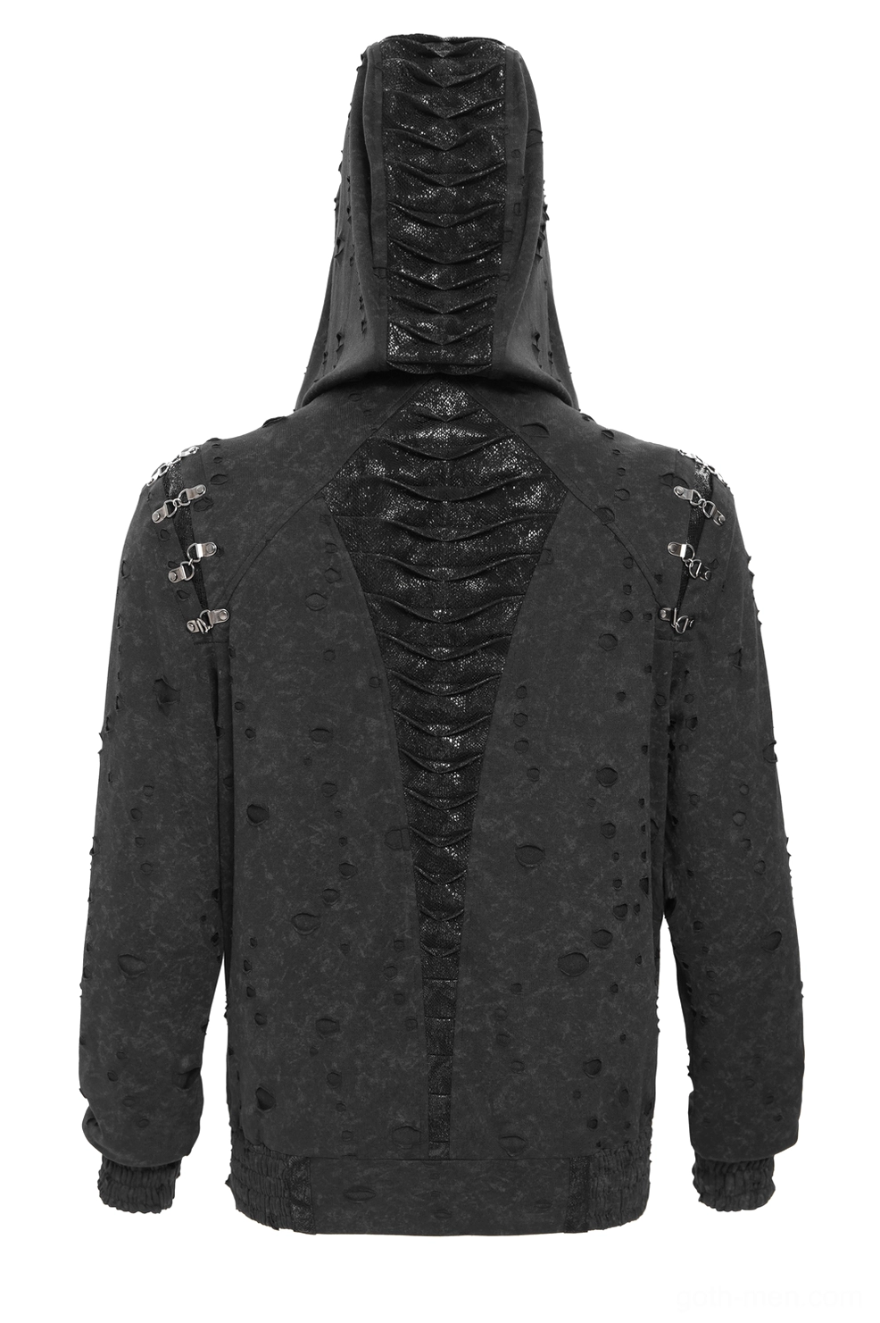 Black distressed gothic zip hoodie back view detail of raised spine panel and shoulder hardware