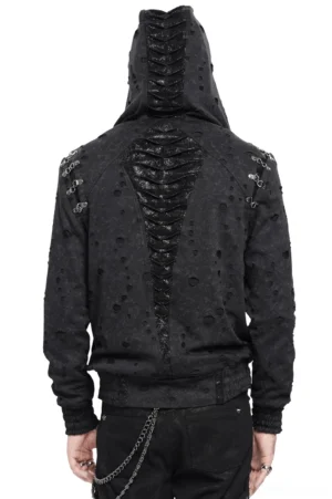 Black distressed gothic zip hoodie back view showing spine panel detail and shoulder studs on mannequin
