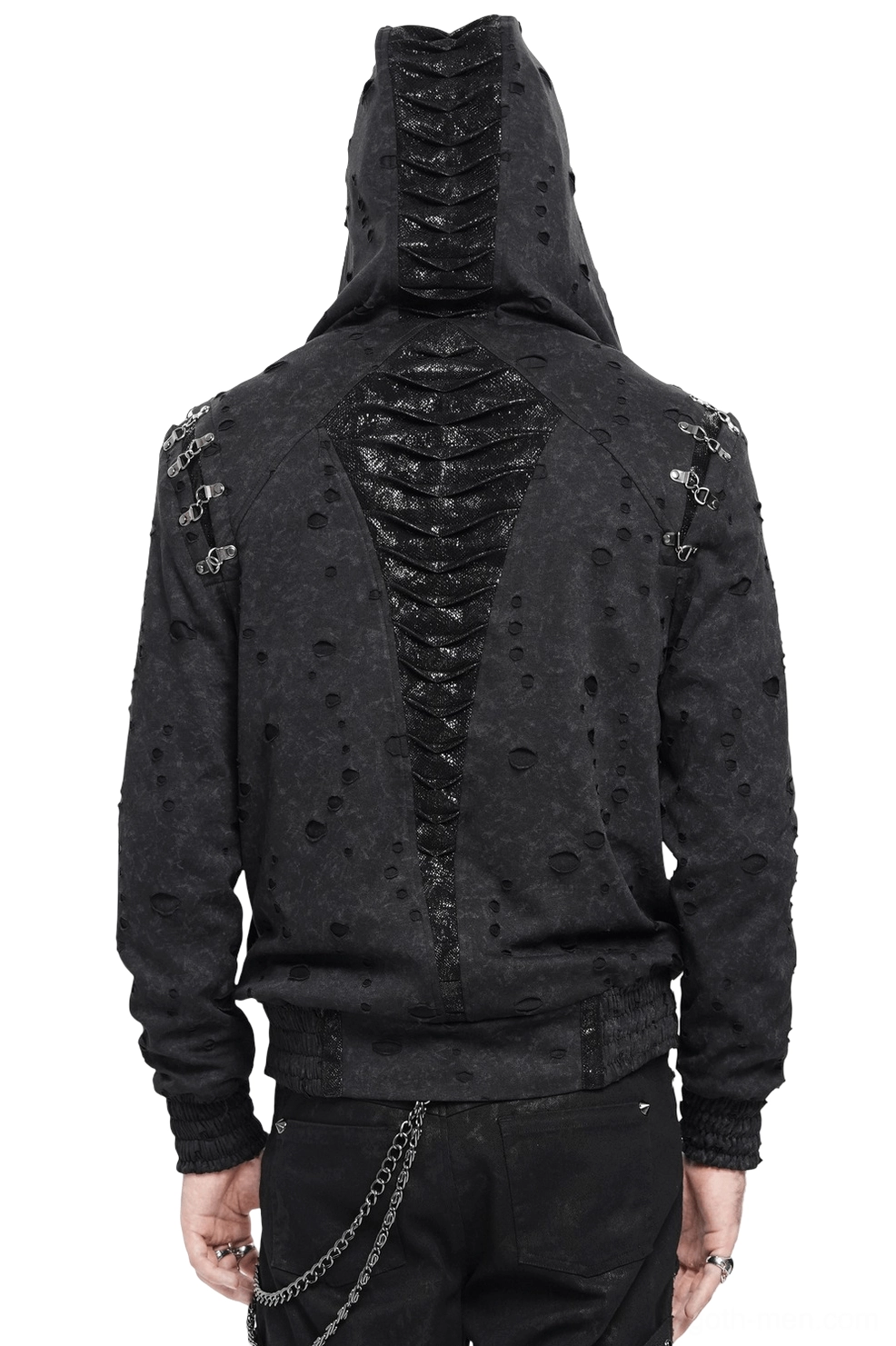 Black distressed gothic zip hoodie back view showing spine panel detail and shoulder studs on mannequin