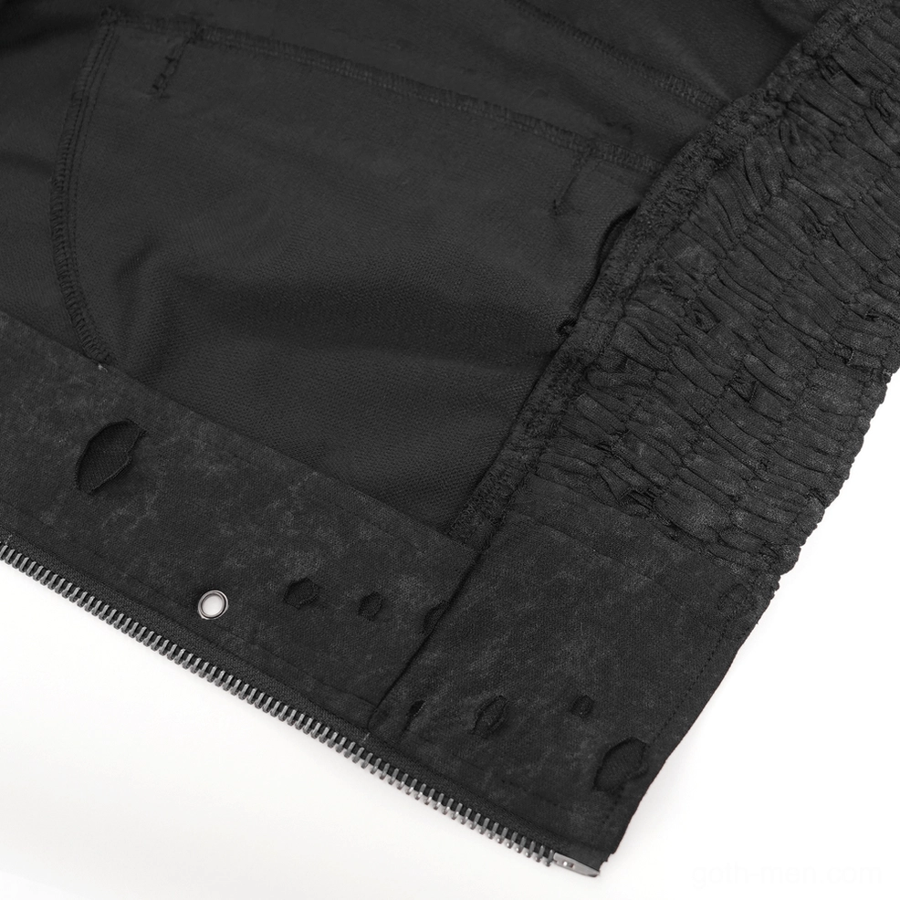 Black distressed gothic zip hoodie elastic cuff and sleeve detail showing construction quality
