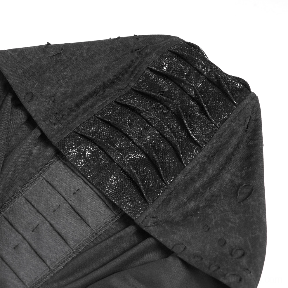 Black distressed gothic zip hoodie fabric texture detail showing weathered distressed finish
