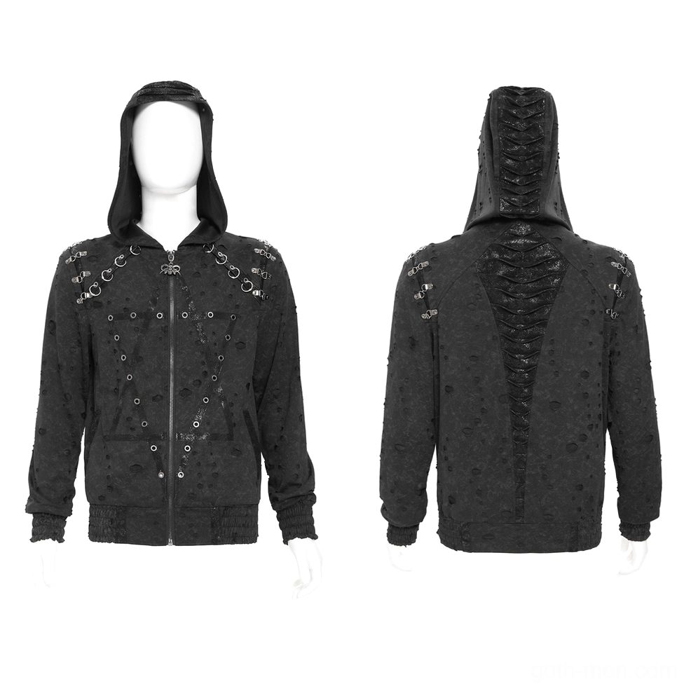 Black distressed gothic zip hoodie front and back paired view showing full design on two mannequins