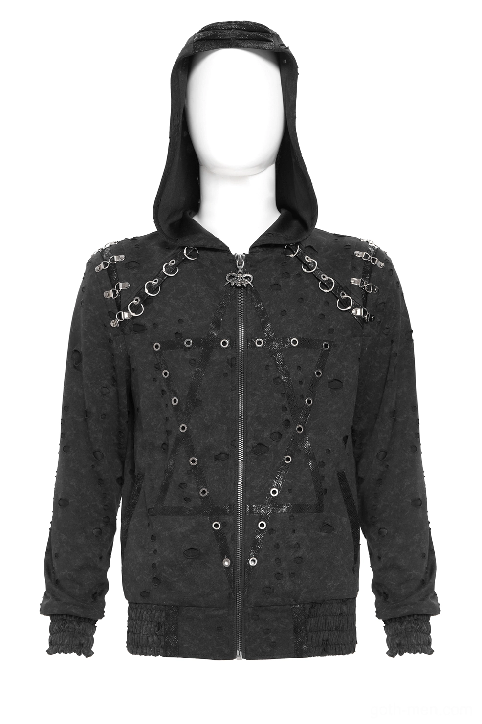 Black distressed gothic zip hoodie front view showing pentagram grommet details and metal shoulder rings