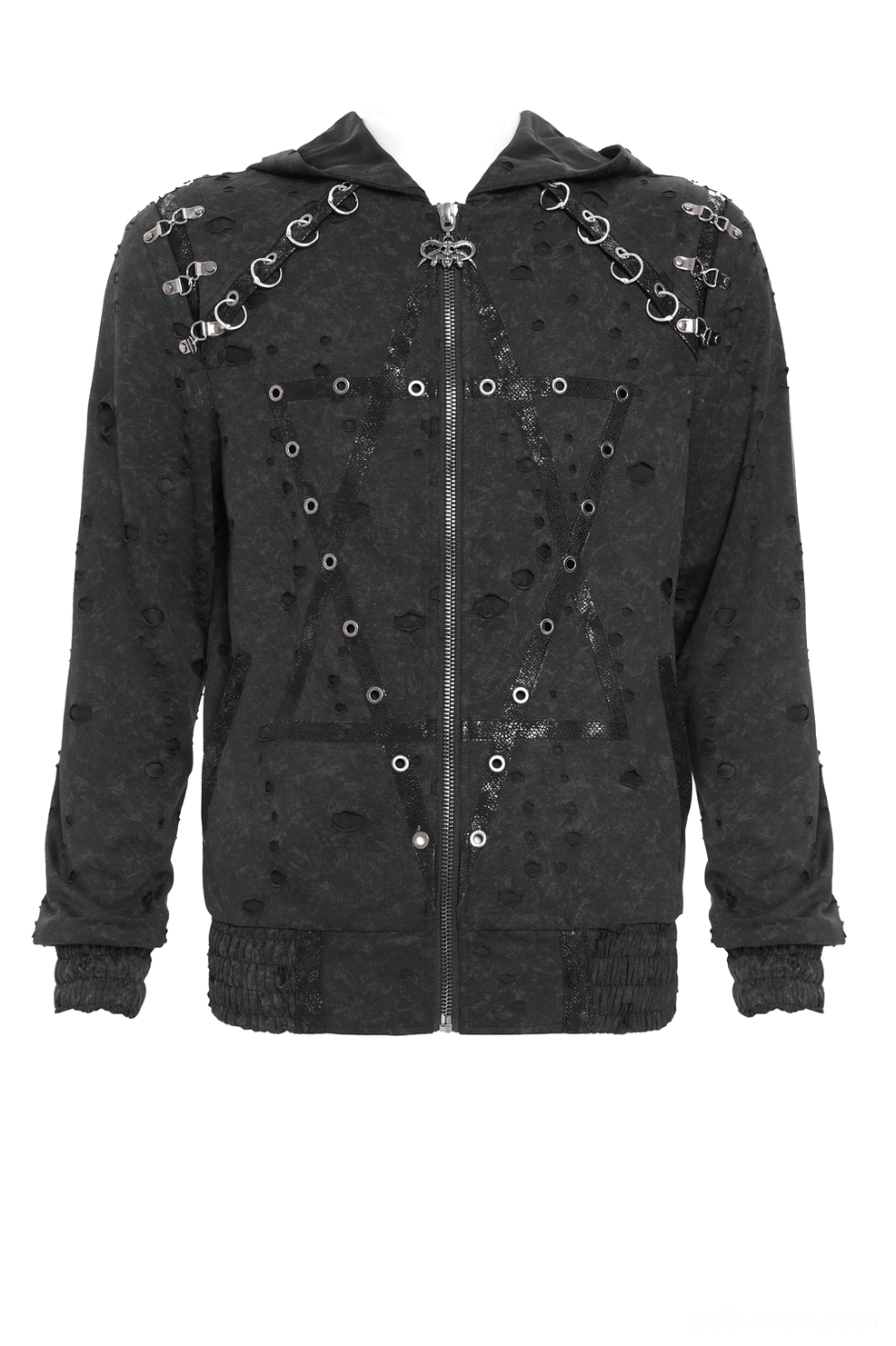 Black distressed gothic zip hoodie front view showing metal shoulder hardware and pentagram grommets on mannequin