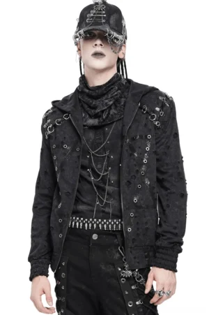 Black distressed gothic zip hoodie front three-quarter view with metal ring hardware on male model