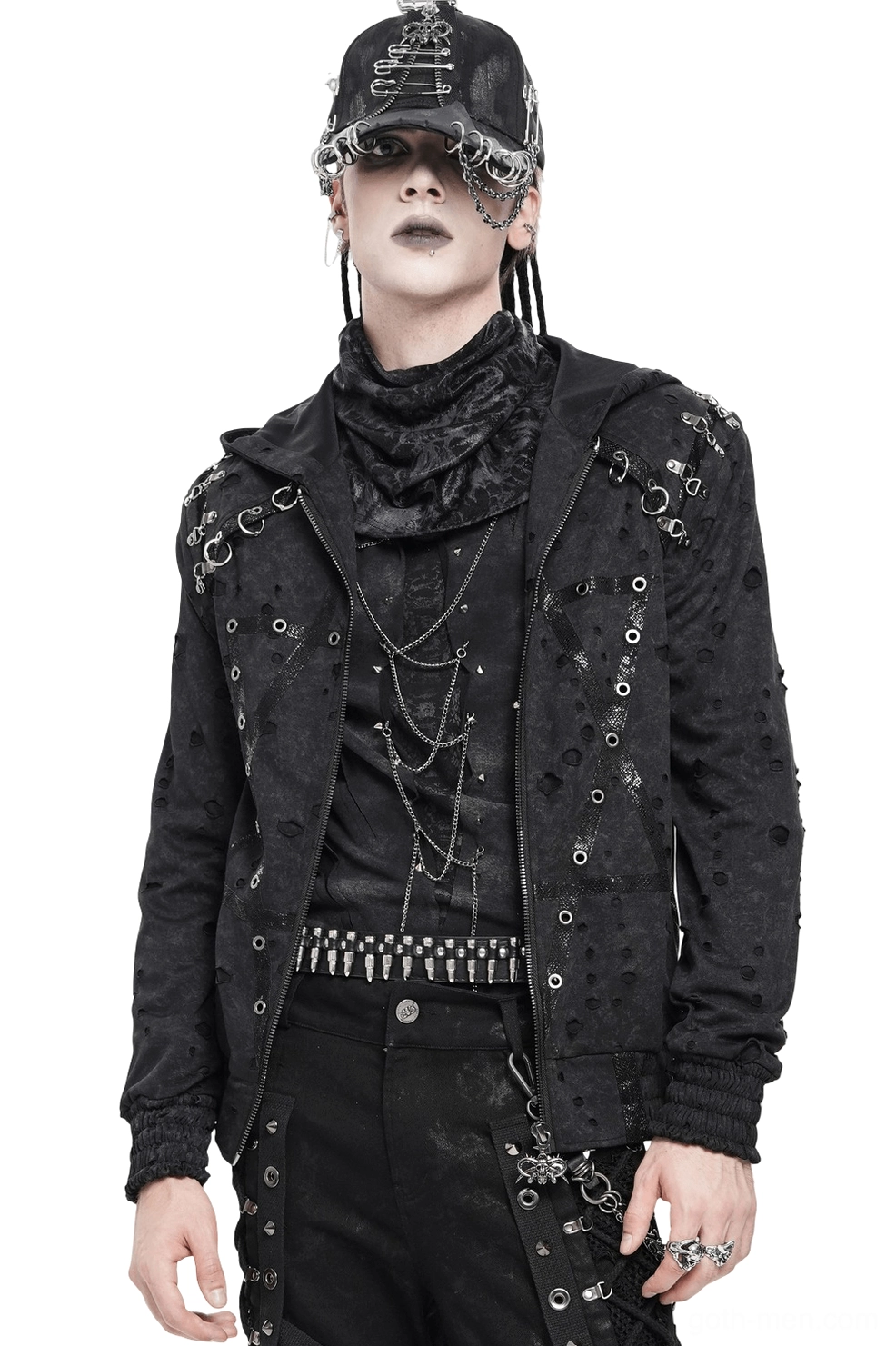 Black distressed gothic zip hoodie front three-quarter view with metal ring hardware on male model