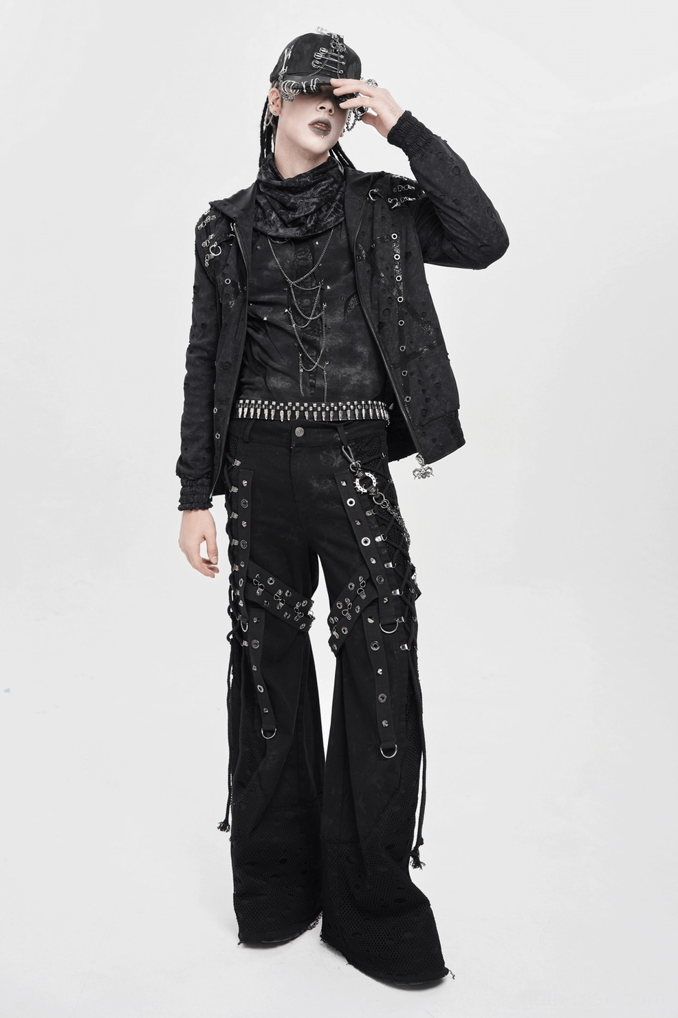 Black distressed gothic zip hoodie front detail showing pentagram grommet pattern and distressing
