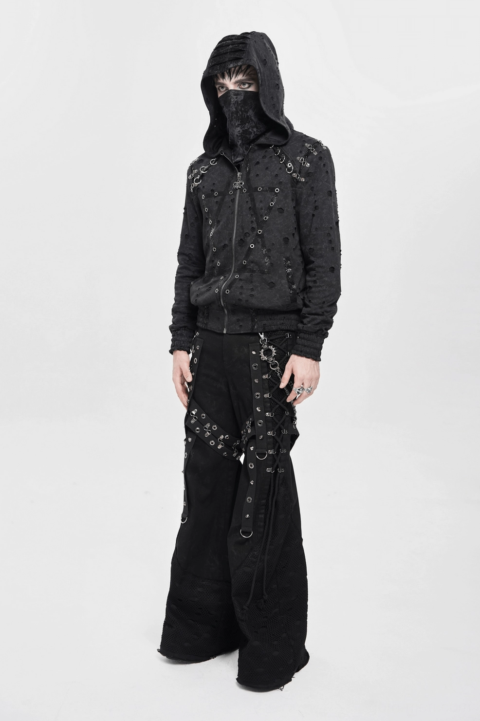 Black distressed gothic zip hoodie full outfit styling on model demonstrating alternative fashion aesthetic