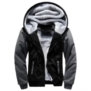 Two-tone black and grey gothic hoodie with side zipper pockets and grey plush inner lining - flat lay detail