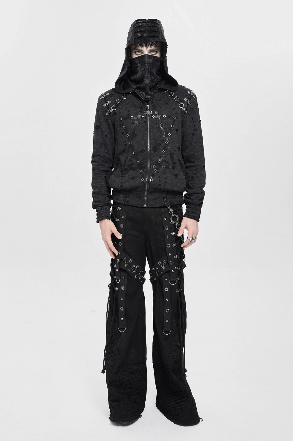 Black distressed gothic zip hoodie hood design showing stitched lace panel and distressed edges