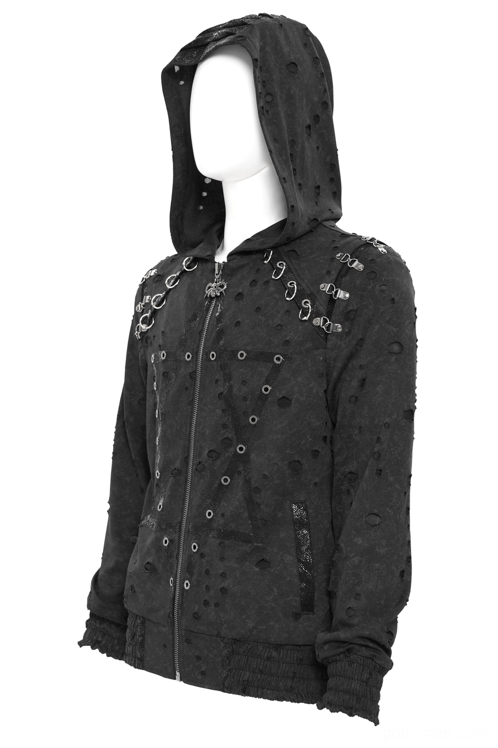 Black distressed gothic zip hoodie with hood up showing metal studs and zipper closure on mannequin