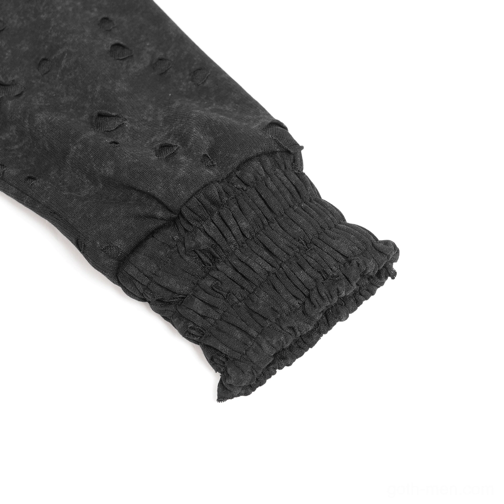 Black distressed gothic zip hoodie lace panel hood accent detail close-up view