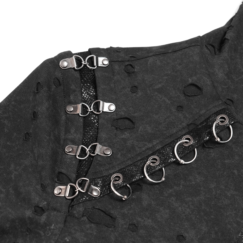 Close-up of black distressed gothic zip hoodie metal D-ring clasps and mesh trim hardware