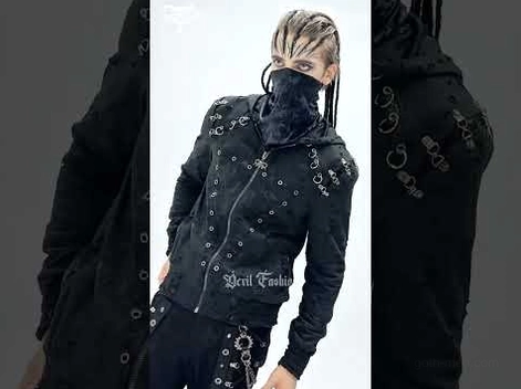Black distressed gothic zip hoodie side three-quarter view on male model with face covering