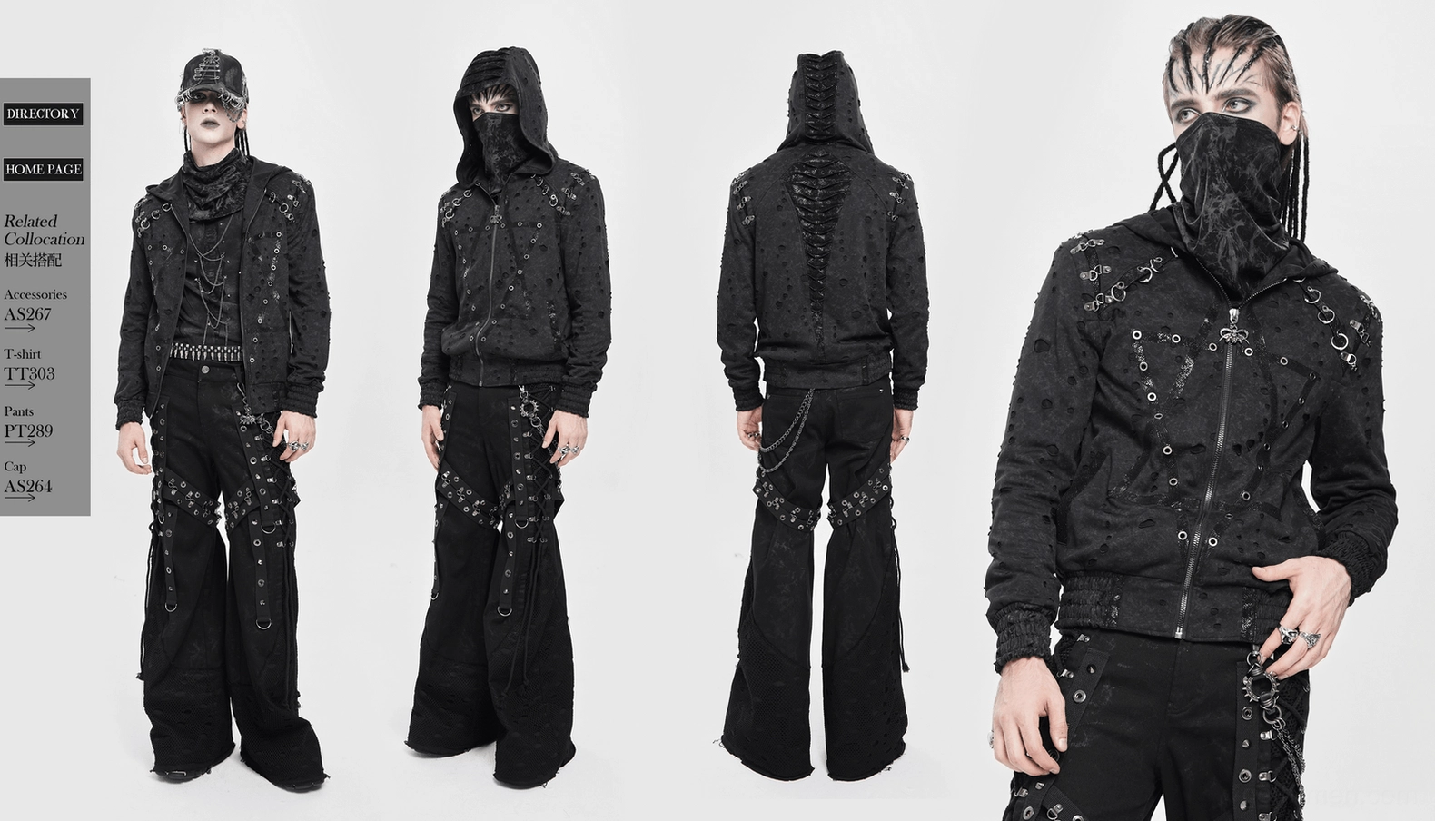 Black distressed gothic zip hoodie size comparison and fit guide demonstration on multiple mannequins
