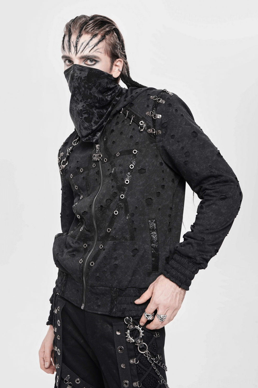 Black distressed gothic zip hoodie three-quarter front view showing overall silhouette and fit