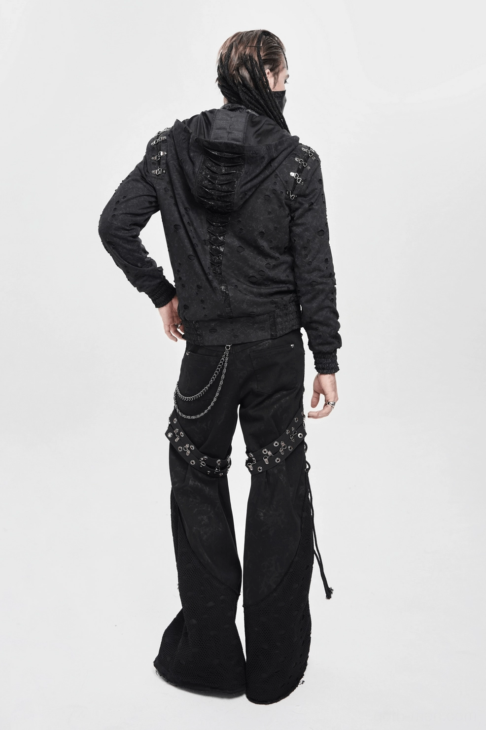 Black distressed gothic zip hoodie front zipper and ring hardware showing industrial details