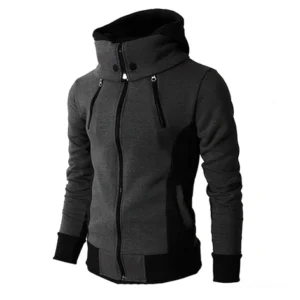 Gothic color-block zip hoodie front three-quarter view dark grey with black contrast trims and dual diagonal zippers