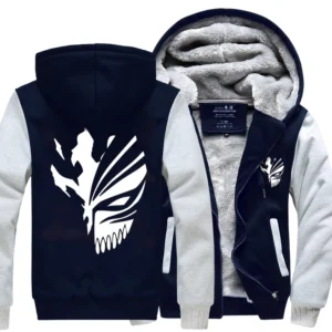 Navy blue and white colorblock gothic zip hoodie with white skeleton mask print, back view displaying two-tone design and grey fuzzy inner lining