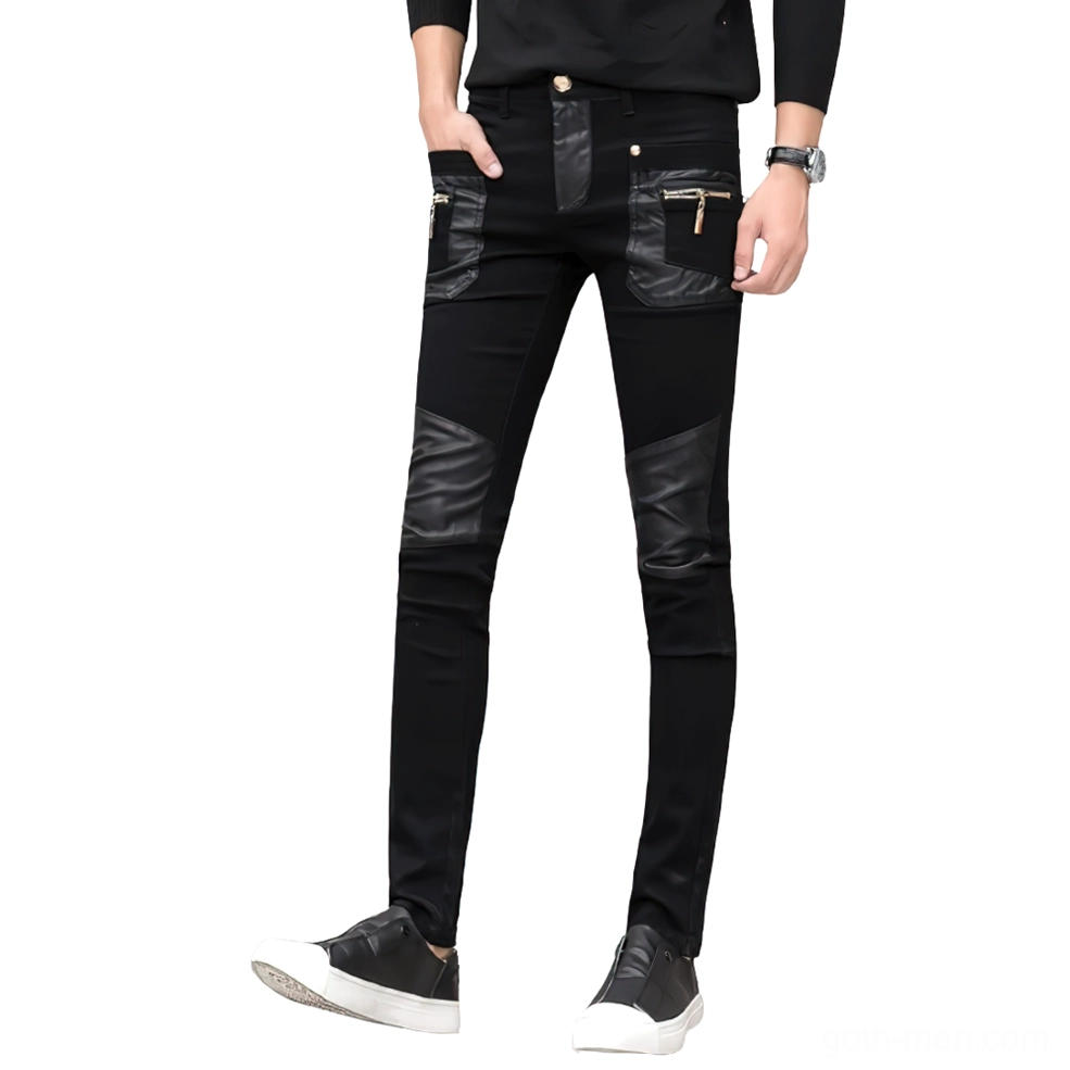 Gothic slim zipper pants three-quarter front view with full hardware detail and fitted silhouette