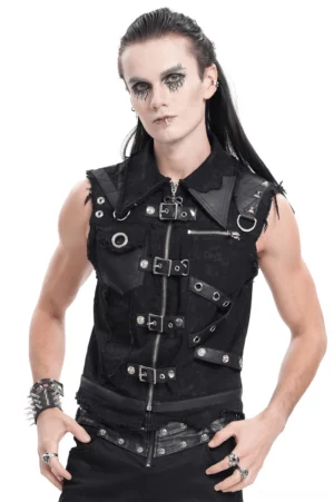 Men's black gothic zipper vest with industrial buckles front view on model with gothic makeup