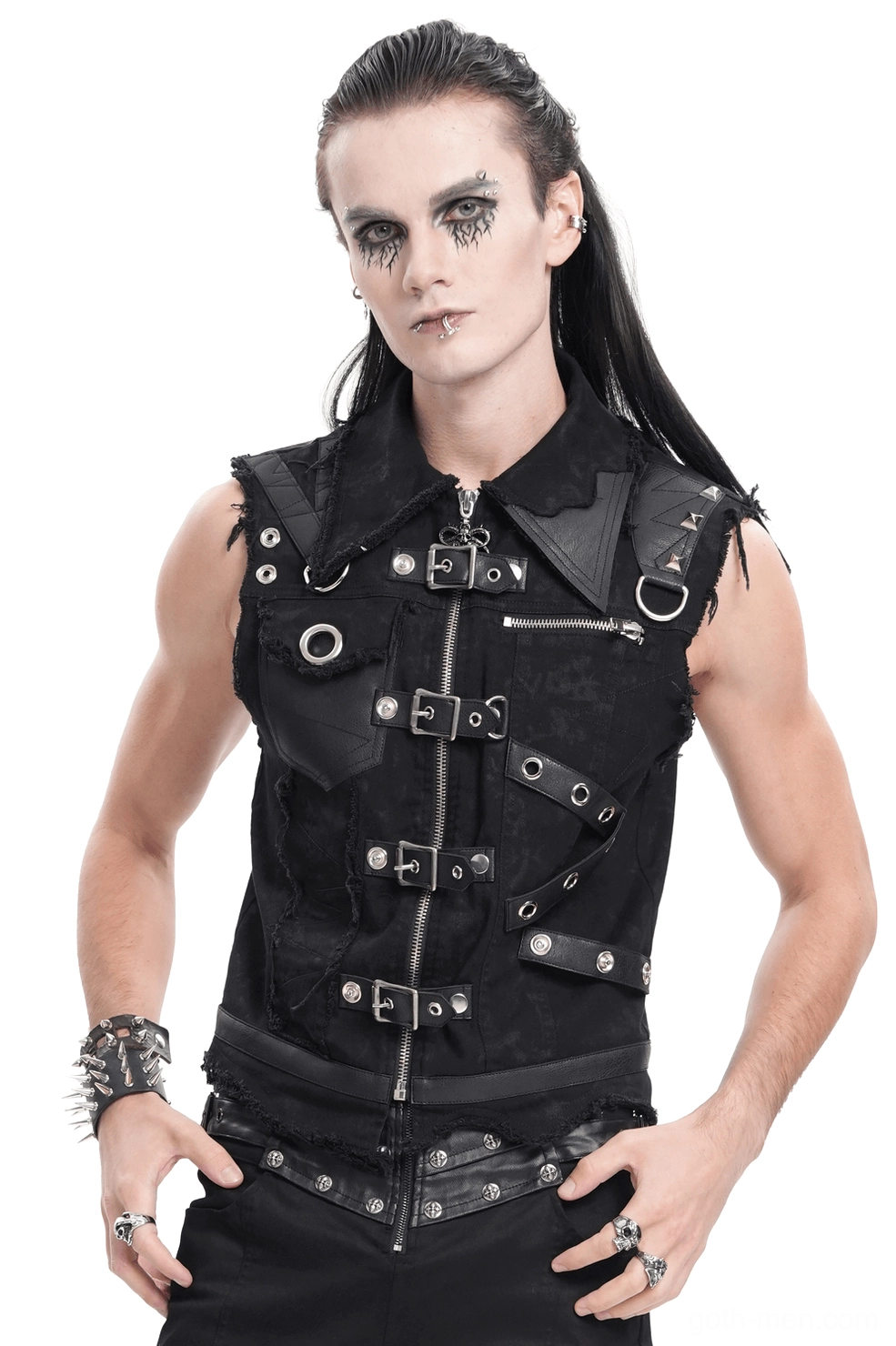 Men's black gothic zipper vest with industrial buckles front view on model with gothic makeup