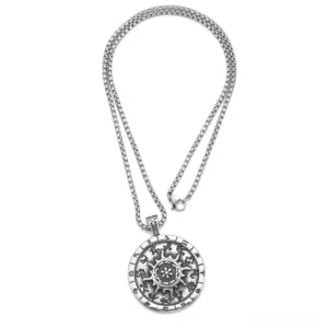 Gothic zodiac sign titanium stainless steel pendant necklace hanging display full chain view on white background