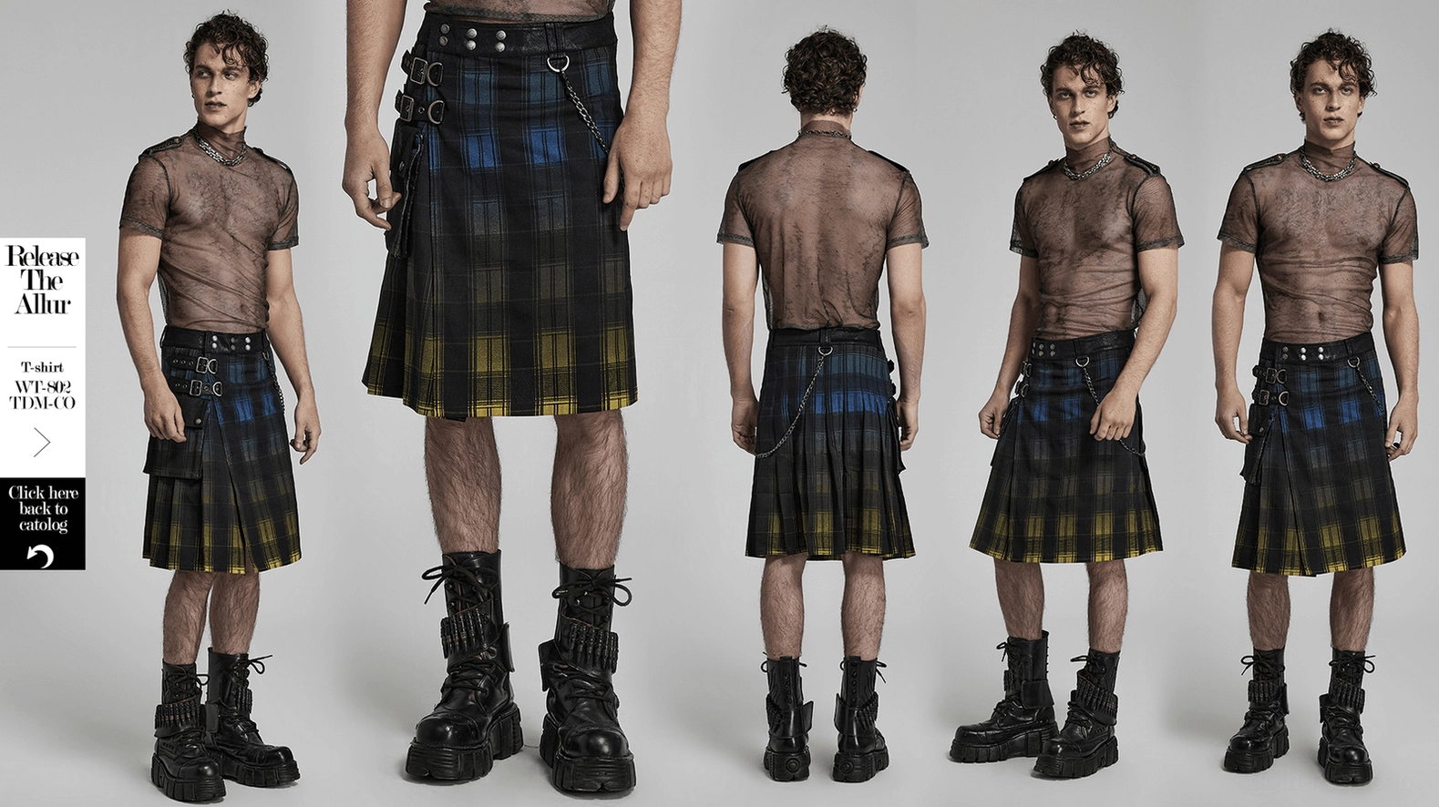 Gradient tartan gothic kilt complete product showcase black blue yellow multicolor